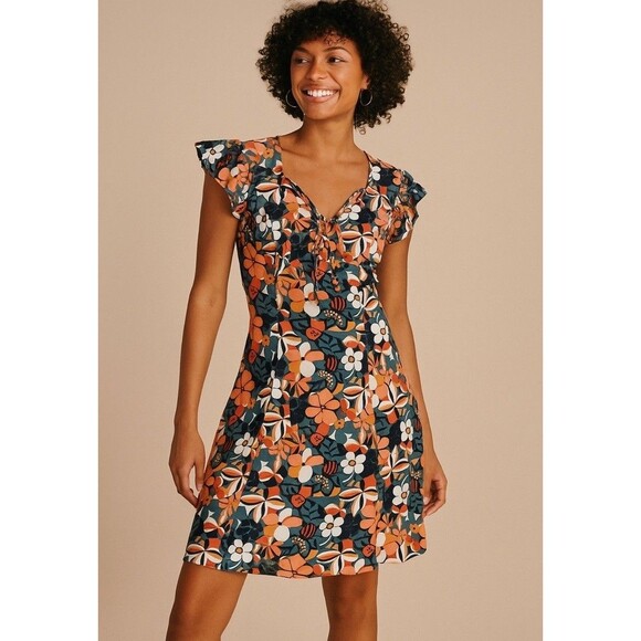 Modcloth Dresses & Skirts - Modcloth Blue Orange Retro Floral Short Sleeve V-neck Mini Dress Sz 14